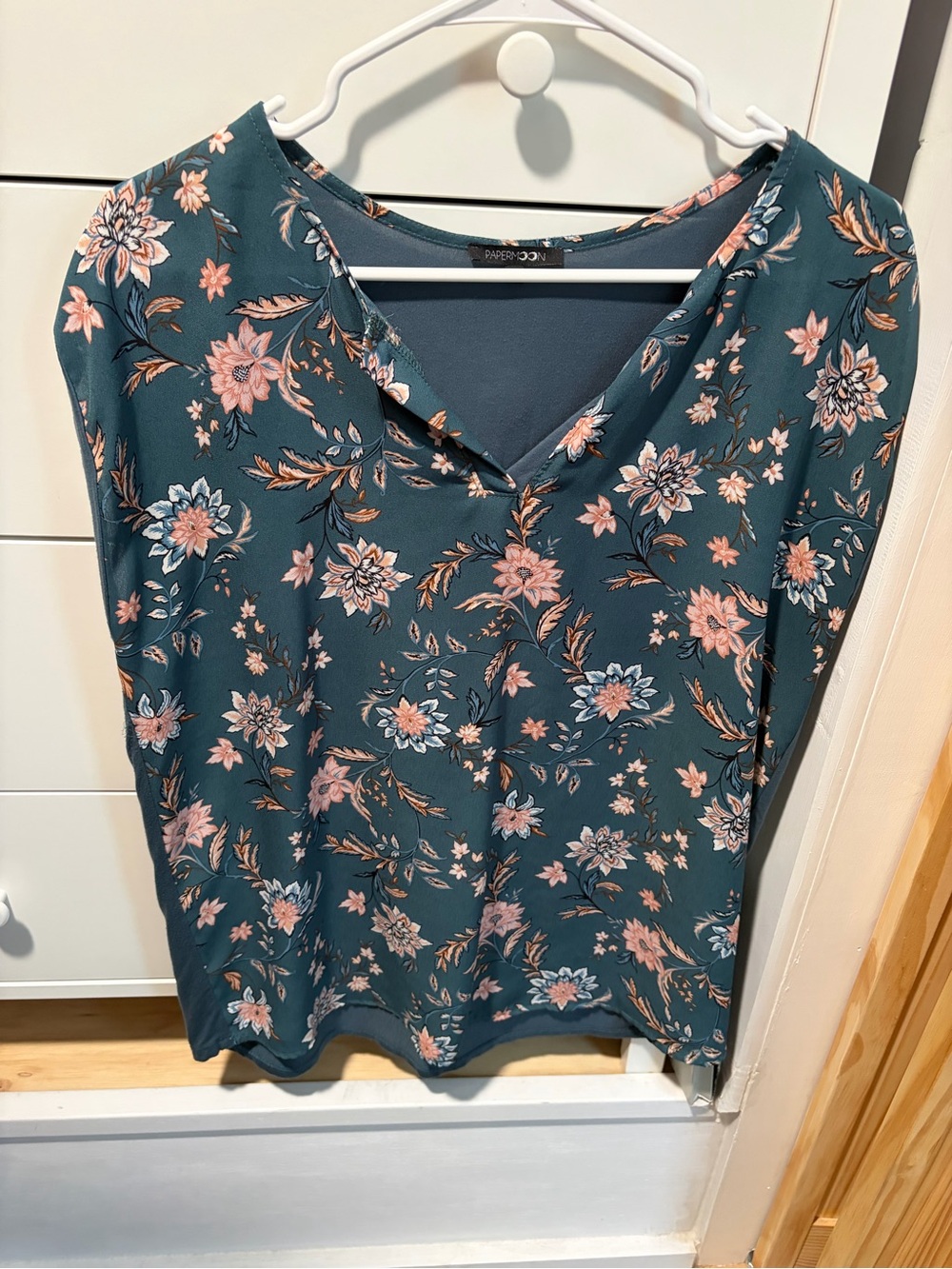 Papermoon Teal Floral V-Neck Blouse with Pink Blossoms